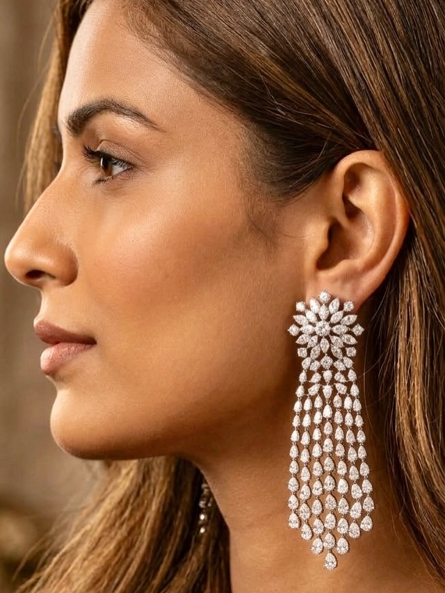 These chandelier earrings feature a floral diamond cluster top with marquise and round cuts, flowing into cascading strands of pear-shaped diamonds. Set in white gold, they offer exceptional brilliance, fluid movement, and a truly regal, statement look.
